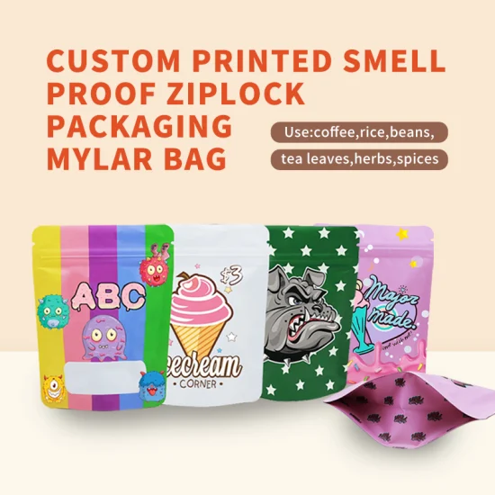Bolsas Ziplock de Mylar con logotipo personalizado y MOQ bajo, bolsa de pie con cremallera y ventana, bolsa para aperitivos, café y té